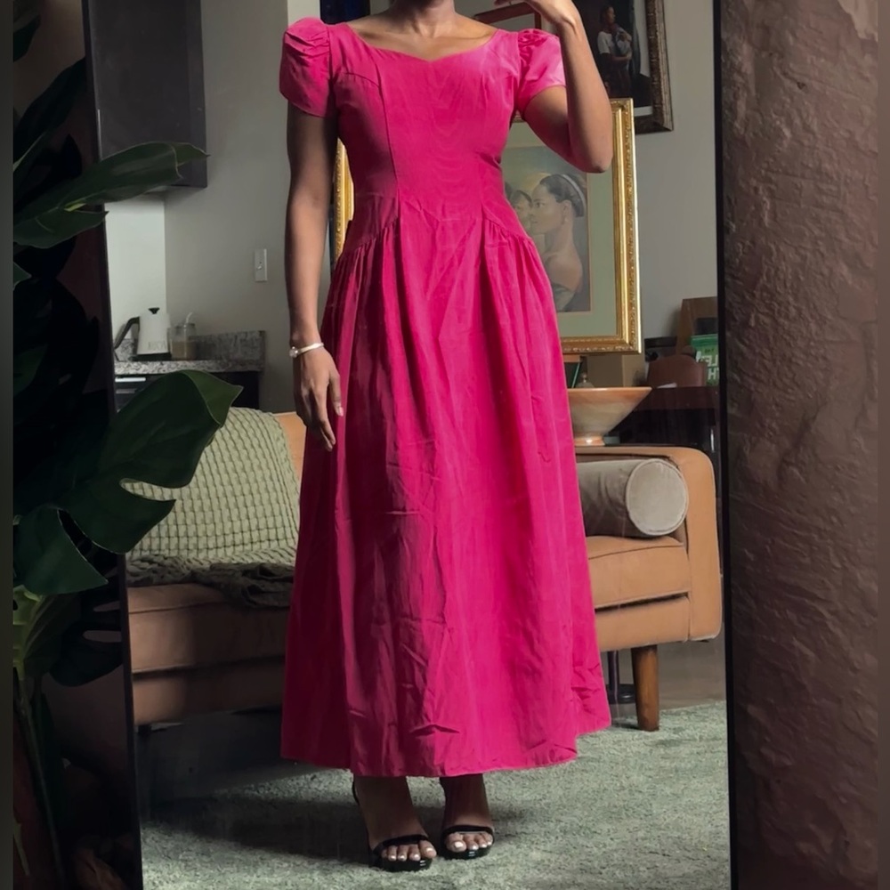 VTG 80s Deanne Pink Hot Pink Formal Gown Puff Sleeve Bow Back Dress, USA Sz 11